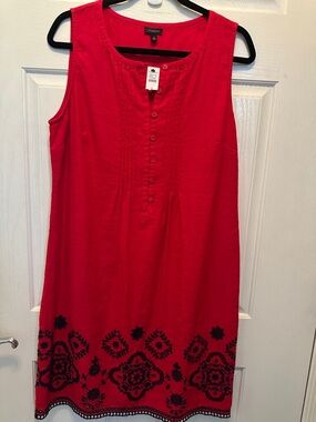 Talbots Bright Red Sleeveless Embroidered Hem Linen Cotton Blend Dress Size 8